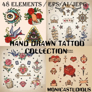 Styl Old School / vintage Sailor Tattoo Designs EPS stylizowany clipart tradycyjny grafika American Ink wektor sztuka cyfrowe pobieranie Ai /JEPG
