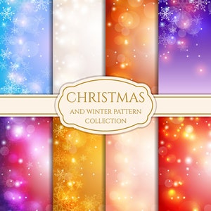 May include: A set of six seamless Christmas and winter patterns featuring snowflakes and sparkling lights in various colors, including blue, purple, red, orange, and gold. The patterns are perfect for holiday crafts, wrapping paper, and digital designs.