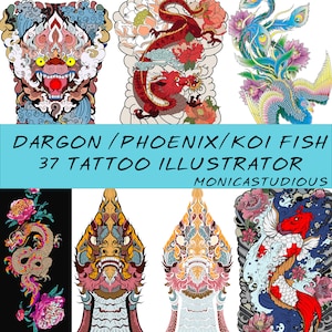 37 Designs Traditional Style Asian Art Vector Clip Art Cut Files Bundle for Tattoo / Instant Download | Dragon| Phoenix| totem I Kio fish