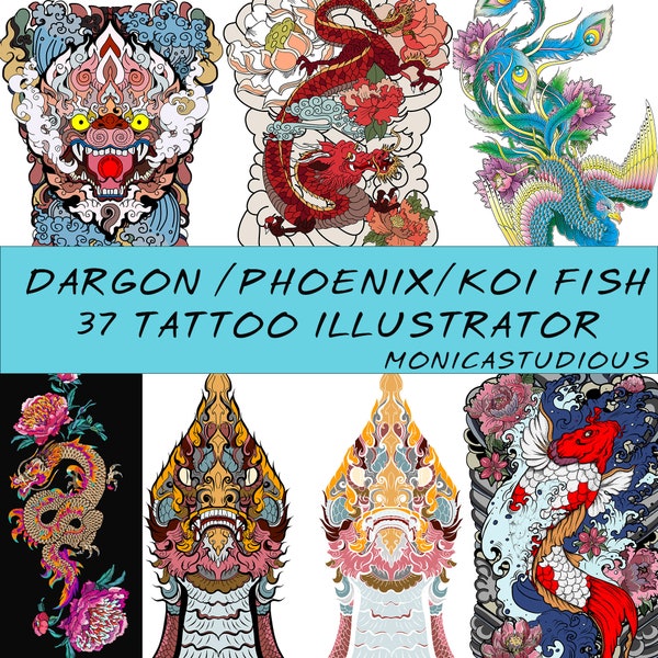 37 Designs Traditional Style Asian Art Vector Clip Art Cut Files Bundle for Tattoo / Instant Download | Dragon| Phoenix| totem I Kio fish