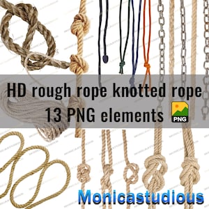 May include: A collection of 13 digital elements featuring various textures of rough rope, knotted rope, and metal chains. The image displays multiple rope segments with intricate knots, alongside thin colored cords and metallic chain links.