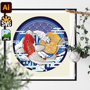 Koi Fish Color Art Design /Japanese comic style decorative illustration vector wall art svg /Printable Wall Art/ Animal Vector Illustration