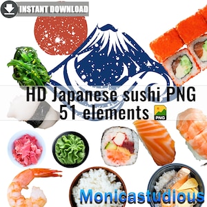 May include: A collection of 51 high-definition Japanese sushi PNG images. The images include various sushi rolls, nigiri, sashimi, and other sushi ingredients. The images are perfect for use in digital projects, such as websites, social media, and presentations.
