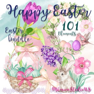 Aquarelle Happy Easter Country design clipart, bouquet, cage à oiseaux, herbe, oeufs, planificateur, fleur, oiseau, paquet de Pâques, téléchargement immédiat, vacances