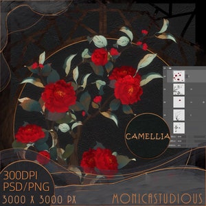 Camellia Watercolor Red Floral Clipart/Hand-drawn painted flowers/Chinese style hand drawn Red Floral Clip Art  PNG/ PSD /wedding/printable