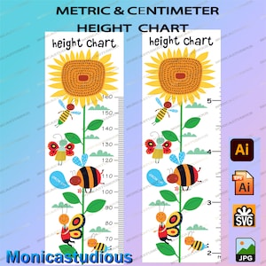 Kinderen hoogte grafiek/zonnebloem en bijen groei grafiek digitale print/cartoon dieren hoogte grafiek eps/Kids groei liniaal/metrisch/centimeter/voet
