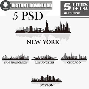 US City Skyline Eps /PSD/ US 5 Cities Nova York/Chicago/Los Angeles /Clip art/ Silhueta/Download instantâneo