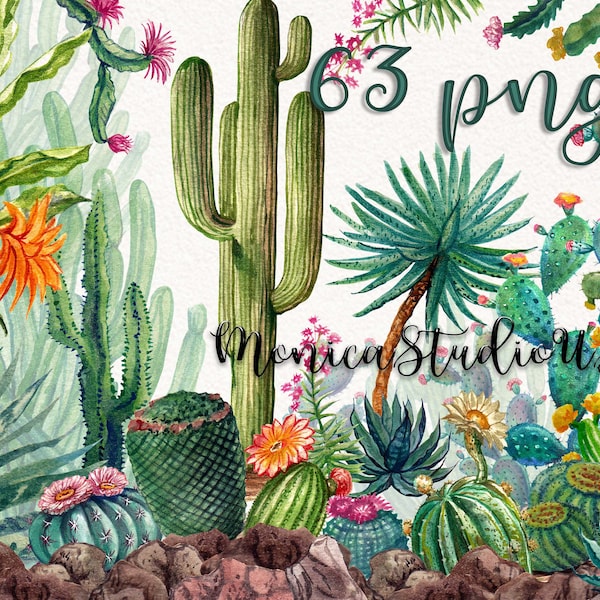 Watercolor Cactus Borders Clipart, PNG, Photo overlay, Card making,instant download, kakuts wild png,Greenery Clipart/Succulent Watercolor