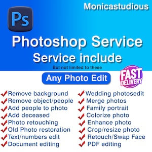 May include: A blue and white graphic with the text "Photoshop Service" and "Service include" in white text. The graphic lists a variety of photo editing services, including removing backgrounds, objects, and people, adding people to photos, retouching photos, and more. The graphic also includes the text "Any Photo Edit" and "Fast Delivery".