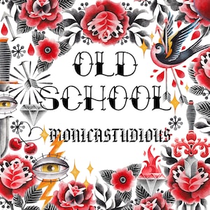 Old school collectie tattoo PNG, kers, druppel bloed, oog, edelsteen, hart, bloemenvignet, digitale vintage tattoo clipart, traditionele tattoo,