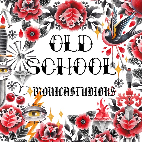 Old school collection tattoo PNG, cherry, drop blood, eye, gem, heart, floral vignette, Digital vintage tattoo clipart, Traditional Tattoo,