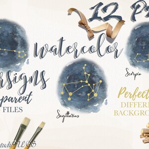 Zodiac Handgeschilderde sterrenbeeld aquarel PNG, sterrenbeelden aquarel 12 clip-art elementen, astrologie Navy Gold Night Sky instant download
