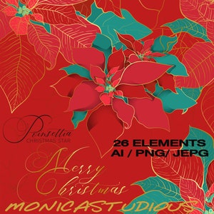 Noël Star Poinsettia fleur feuille d'or paillettes clipart PNG/Ai/, graphiques de décor festif abstrait hiver rouge. Carton d'invitation poinsettia,