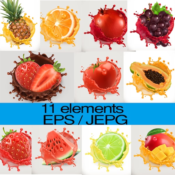 Half Fruits with Juice Splash digital backdrop EPS, watermelon, lime, mango, tomato, strawberry, grapes, orange,tropic fruit, Juice Overlays