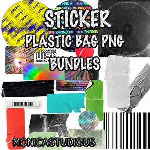 ホログラフィック テープ、透明プラスチック バッグ、粘着テープ パックのデジタル ステッカー クリップアート バンドル、即時ダウンロード、バーコード、ダクト テープ、破れた紙