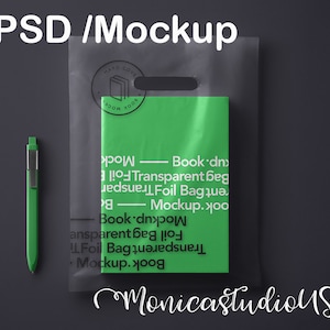 透明なビニール袋のモックアップ、ブック png、透明ホイルバッグのモックアップ、ペンのモックアップ、psd、即時ダウンロード、背景