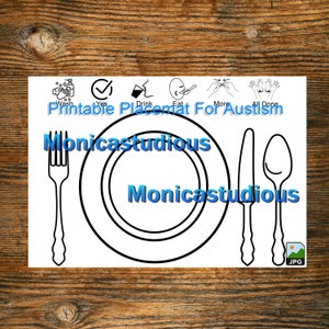 Könnte beinhalten: Ein weißes, bedruckbares Platzset für Autismus mit Umrissen von Gabel, Teller, Messer und Löffel. Das Platzset enthält visuelle Hinweise für Essensroutinen und den Text "Printable Placemat For Autism" und "Monicastudious".