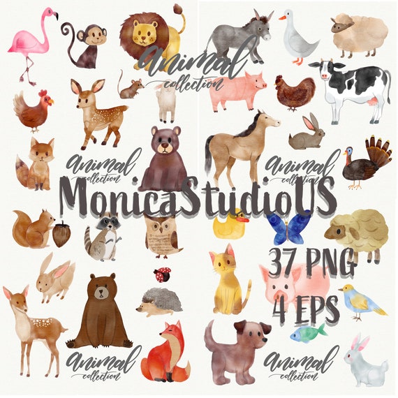 Cartoon Animal Clipart, Watercolor Zoo Animals (PNG, EPS)