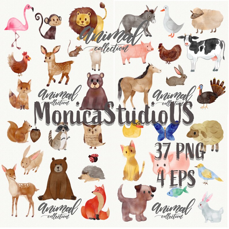 May include: A watercolor illustration set of 37 animals, including a flamingo, lion, donkey, cow, bear, owl, cat, dog, rabbit, and more. The set also includes 4 EPS files.