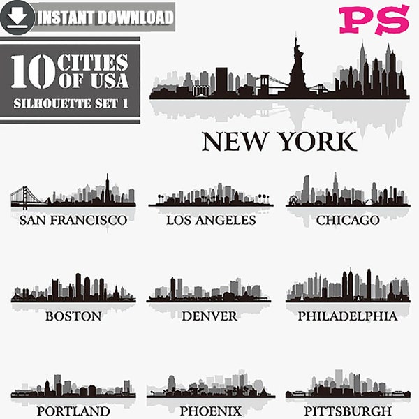 US City Skyline  /PSD/ US 10 Cities New York/Chicago/Los Angeles /Denver /Clip art/ Silhouette/instant download/