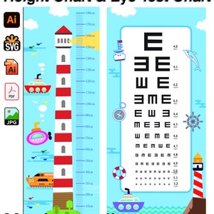 May include: A colourful height chart and eye test chart featuring a lighthouse, boats, and a compass. The chart includes measurements in centimetres from 10 cm to 180 cm. The eye test chart includes lines of letters in decreasing size, with corresponding numbers and visual acuity.
