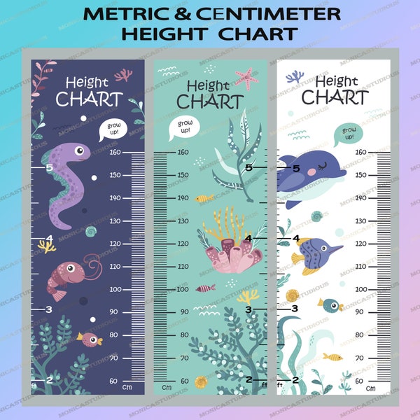 Kid Height Chart 3 pattern bundles Ai /metric / centimeter/ feet /animals in ocean height chart / Kids Growth Ruler, Room Decor,Digital File