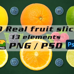 Rebanadas de frutas reales, frutas tropicales, naranja, arándano, mora, lima, frambuesa, comida, superposición de frutas de clip digital saludable, descarga instantánea