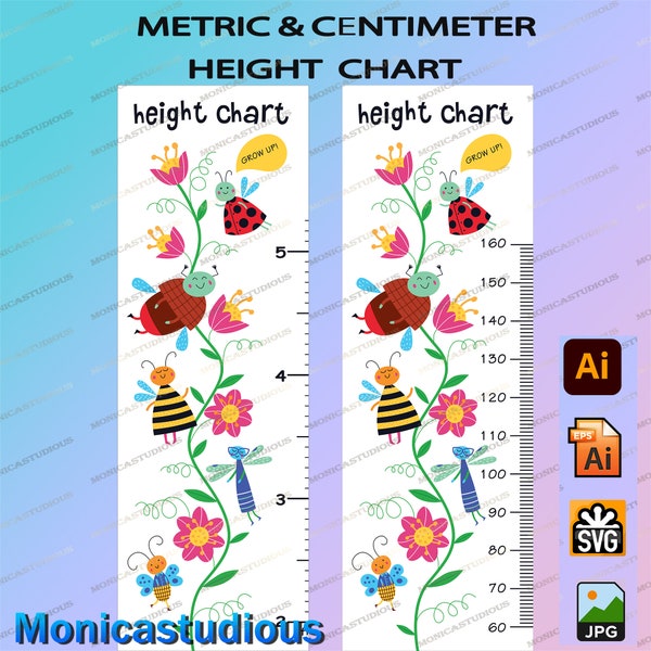 Bee Kid Height Chart vector/bumblebee Growth Chart digital print /cartoon animals height chart eps/Kids Growth Ruler/metric/centimeter/ feet