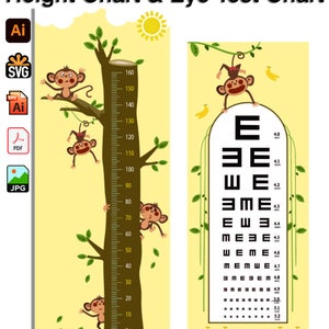 Op de afbeelding: Een gele en groene hoogtekaart met een bruine boom en apen die erop klimmen. De kaart meet van 10 tot 160 inch. Naast de hoogtekaart is een gele en groene oogtestkaart met een aap die aan een liaan hangt. De oogtestkaart heeft een standaard oogtestkaart met letters en cijfers.