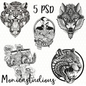 Könnte beinhalten: Fünf Schwarzweiß-Digitalillustrationen eines Wolfes, eines Tigers, eines Panthers, eines Mannes in traditioneller Kleidung und eines Boombox mit Flügeln. Der Text "5 PSD" und "Monica studios" ist ebenfalls im Bild enthalten.