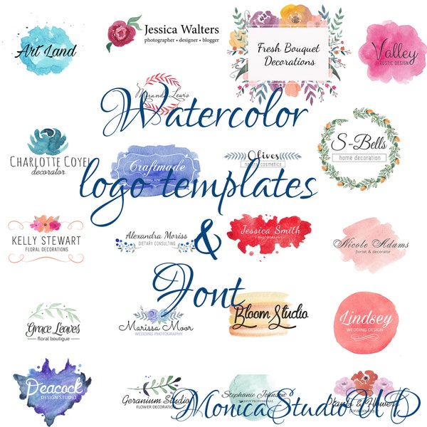 21 Watercolor logo templates. Premade logo.Logotype.Photography logo.Logo collection.Feminine logo.Floral logo. Font bundle instant download