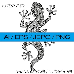 May include: Black and white line art illustration of a lizard with intricate details. The lizard is facing right and has its legs outstretched. The word "LIZARD" is written in all caps above the lizard. The words "Ai/EPS/JEPG/PNG" are written in all caps below the lizard. The words "MONICASTUDIOUS" are written in all caps below the lizard.