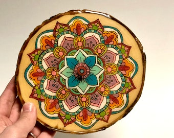 Necklace Chakra colours Unique Mandala designs Handpainted wood slice pendant Three wood slice layers Quirky Wooden Birthday gift.