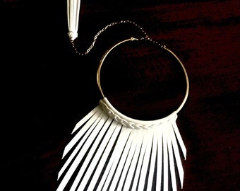 White leather fringe choker, long leather necklace, statement choker, statement jewelry