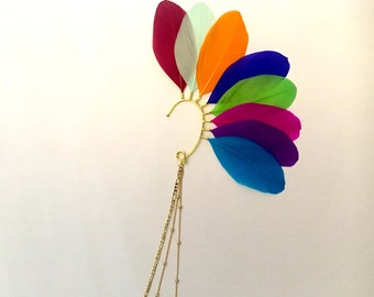 Multi coloured feather ear cuff, statement ear cuff, statement jewellery,party jewellery