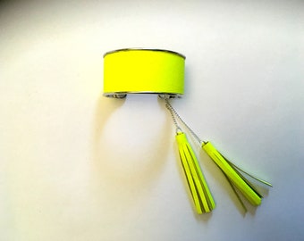 Fluorescent yellow leather bracelet, leather tassel bracelet, statement jewelry
