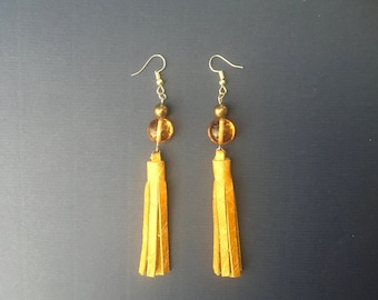 Leather Tassel Earrings: Beaded 4.5 inch Dangle Earrings