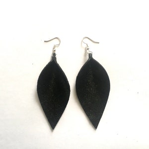 Black leather 4 inch glitter earrings, party earrings, leather earrings, statement jewelry