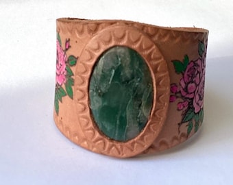 Brazalete de cuero repujado, brazalete de cuero pintado a mano, brazalete llamativo,