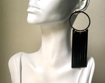 Leather tassel earrings, lightweight black leather earrings, statement jewelry