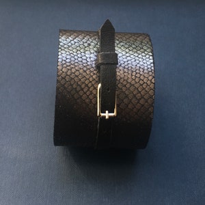 Leather metallic snake print bracelet, statement cuff, leather bracelet,