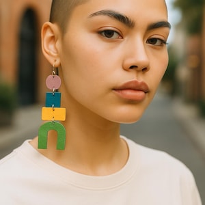 Multicoloured Leather Statement Earrings: Margaret J Boutique Design