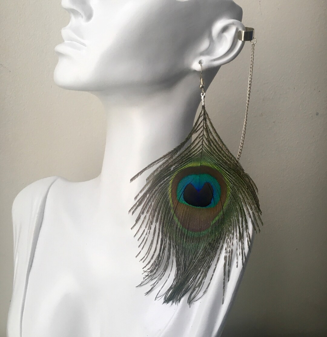Peacock Feather Ear Cuff, Statement Jewelry, Feather Ear Cuff, Silver ...