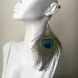 Peacock feather ear cuff, statement jewelry, feather ear cuff, silver ear cuff, statement jewelry