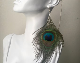 Manguito de oreja de plumas de pavo real, joyería de declaración, manguito de oreja de plumas, manguito de oreja de plata, joyería de declaración