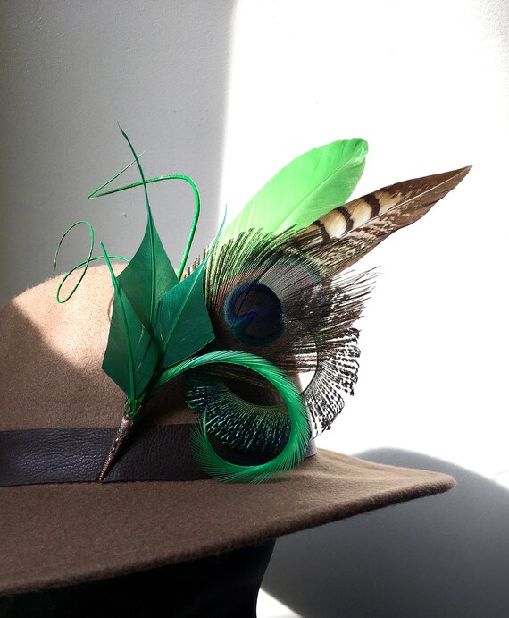 Embellished Brown Fedora with Peacock Feather Camel felt fedora with game bird feather - All Dunn Up  main image 4