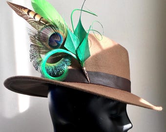 Wool and leather Fedora hat, leather collar fedora, peacock feather hat, statement hat