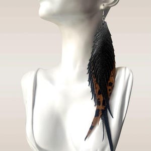 Long 8 inch leather earrings, extra long feather cut earrings, statement earrings,long black glitter and leopard print earrings
