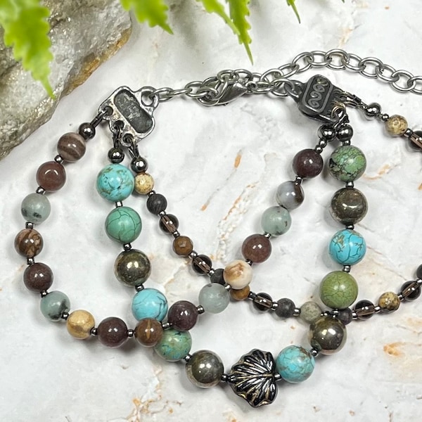 Aragonite, mixed jasper, pyrite, smoky quartz and Czech glass adjustable layered bracelet