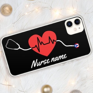 iPhone 7 15 Personalized Nurse name with Heartbeats and Stethoscope with Flag Case for iPhone 15 7, Gift for Doctor or Nurse Custom Case image 1